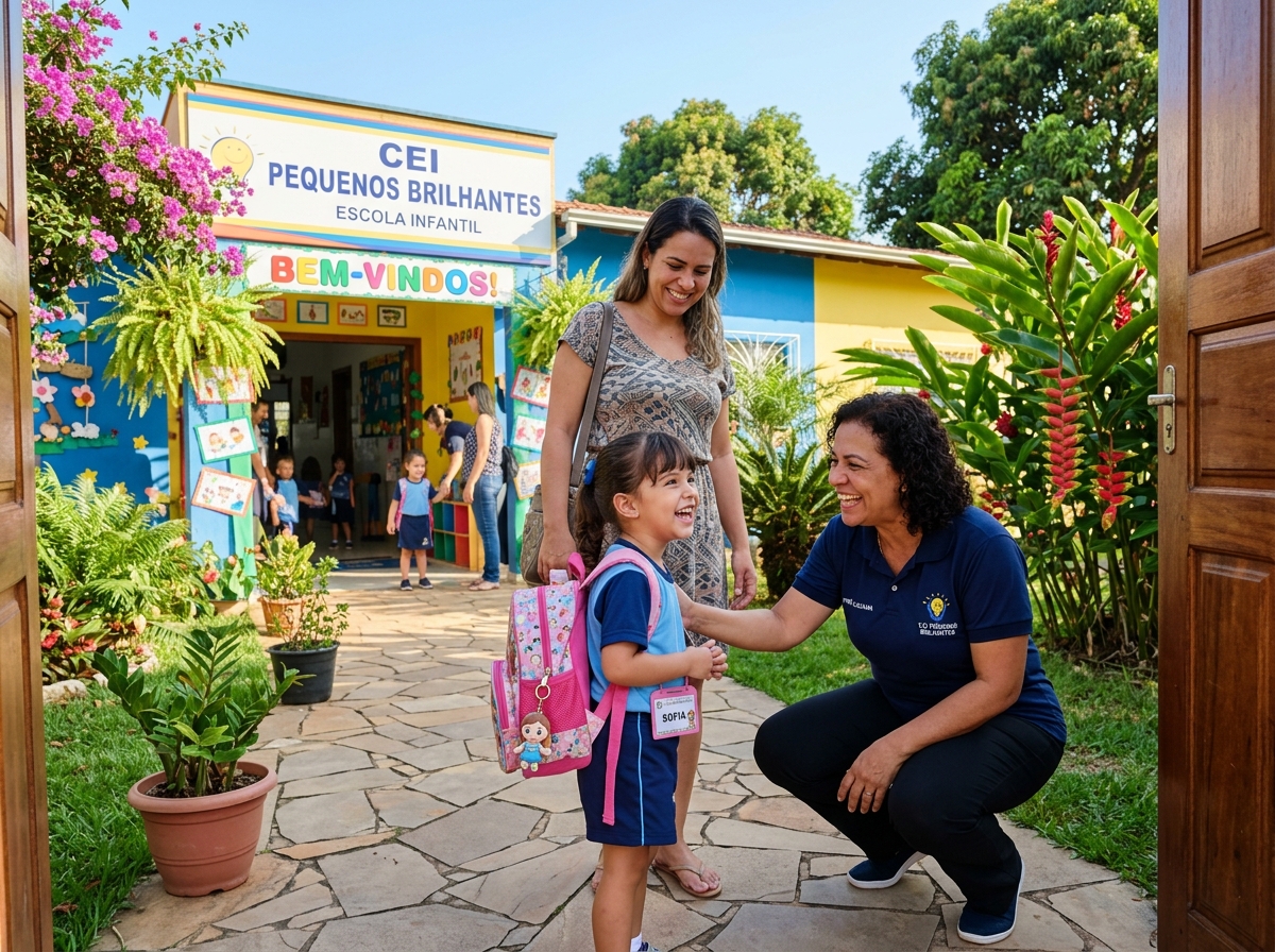 Acolhimento de mãe e aluna na entrada da NESC Escola